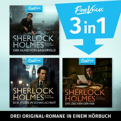 Hörbüch “Die große Sherlock Holmes Hörbuch-Box - Eine Studie in Scharlachrot + Das Zeichen der vier + Der Hund von Baskerville (ungekürzt) – Sir Arthur Conan Doyle”